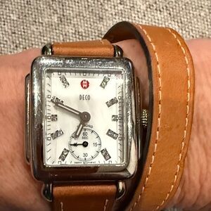 Michele Silver Watch with 18 diamonds  and brown leather strap.